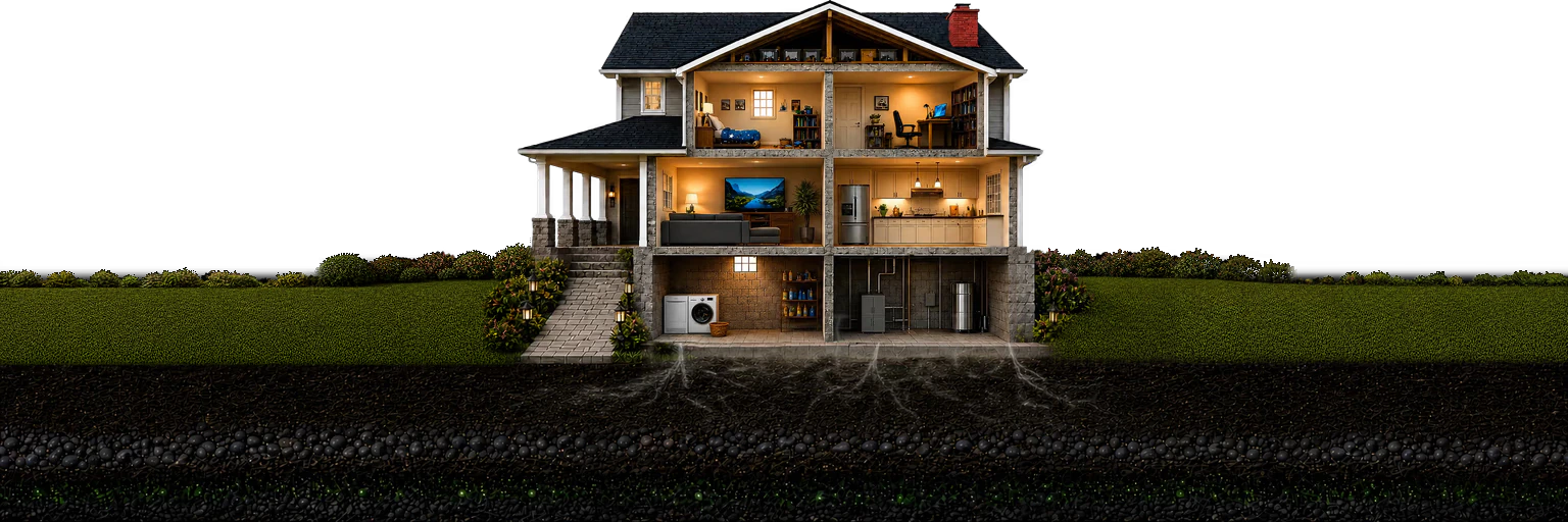Wide cross-section of a warmly lit, unoccupied two-storey house above layers of lawn, topsoil, rock and glowing mineral deposits, with pale vapour rising from the ground toward the foundation.